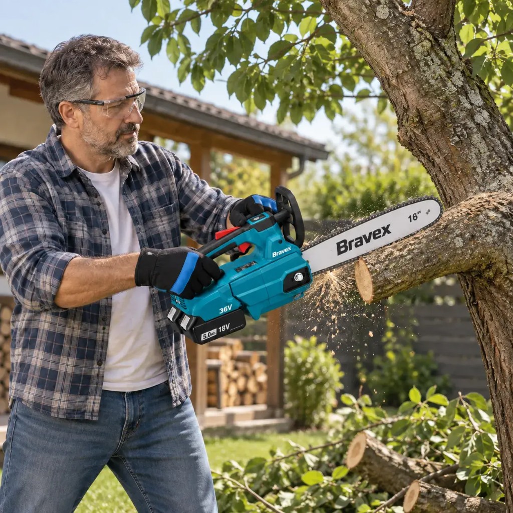 Uomo che taglia un ramo con motosega Bravex™ 36V a batteria in giardino