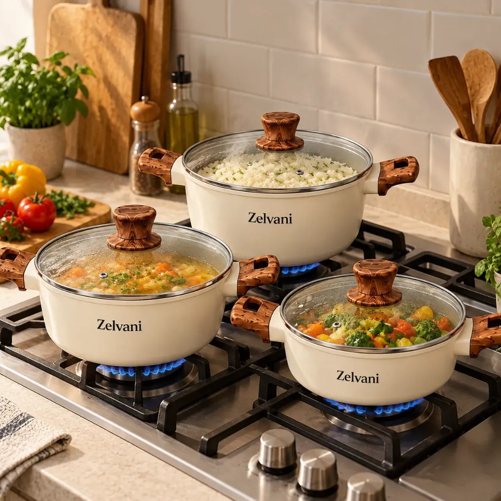 Zelvani cookware set cooking on gas stove with fresh meals