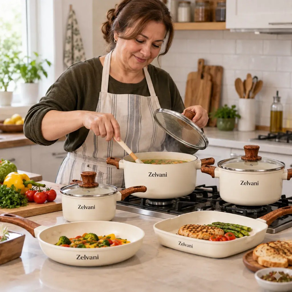 Woman cooking at home with Zelvani cream stone cookware
