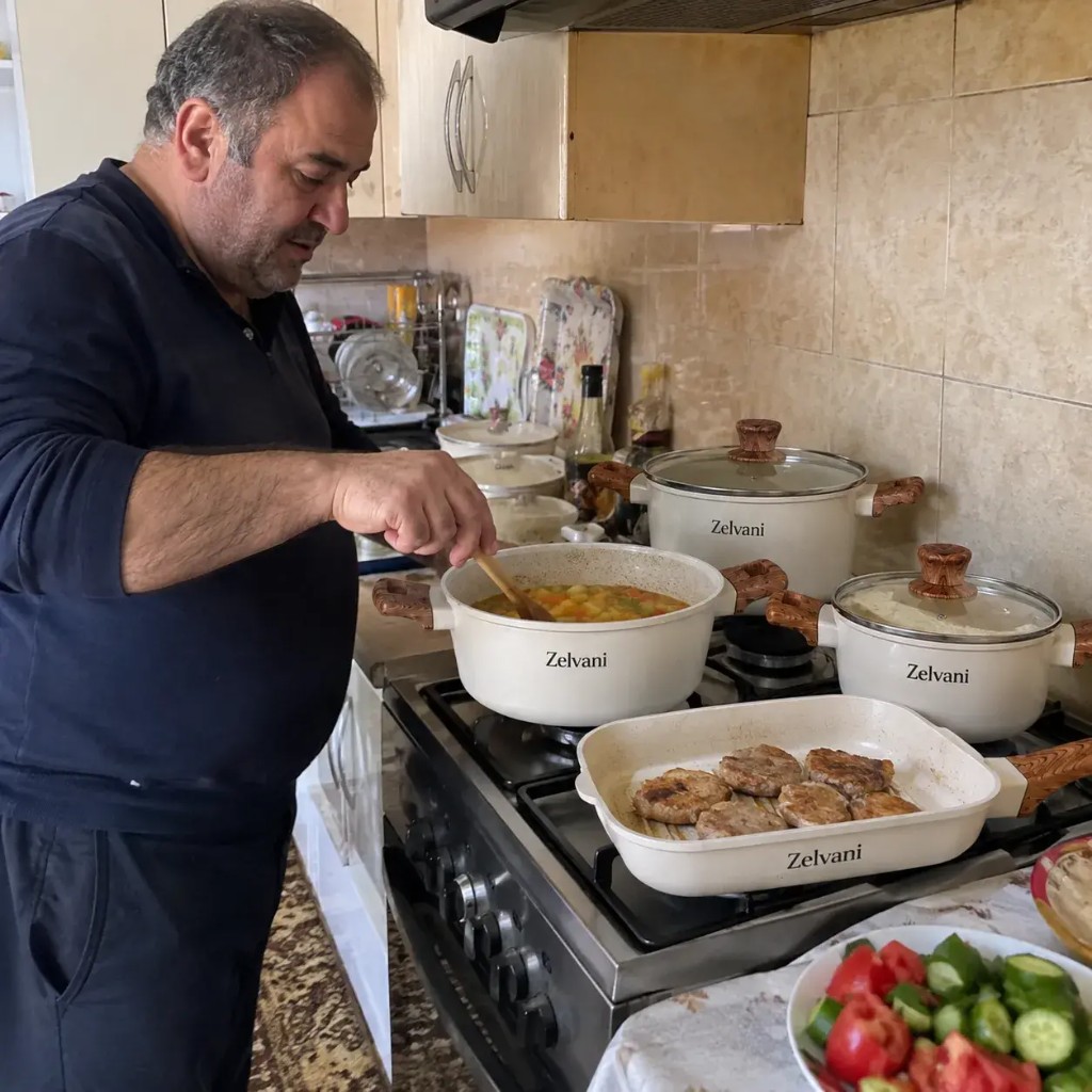 Zelvani customer cooking with the cream stone cookware set at home
