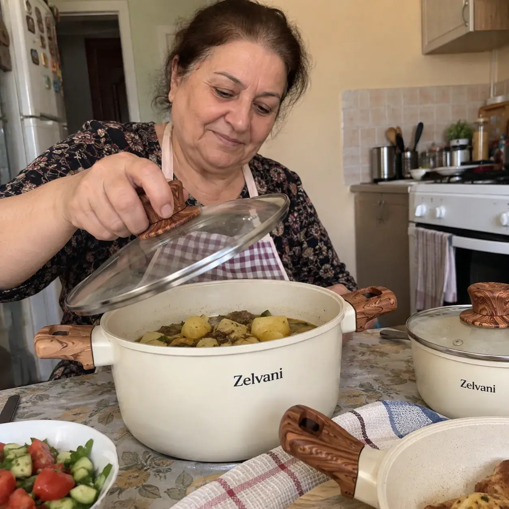 Zelvani customer cooking with cream stone cookware set at home